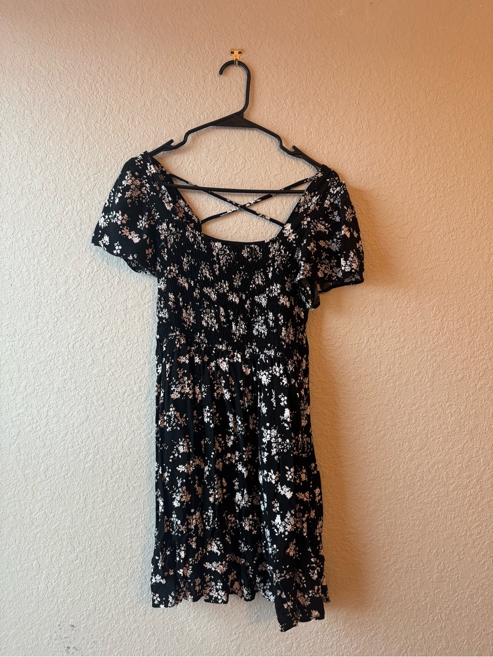 Maurices Black Floral Mini Dress with White Print and Crisscross Back